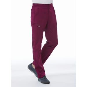 A pair of tapered cargo pants in a deep burgundy colour with a half elastic waist and side pockets.