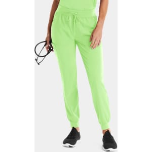 A pair of women's joggers in vibrant neon green, featuring an elastic waistband and cuffs, with a logo visible.
