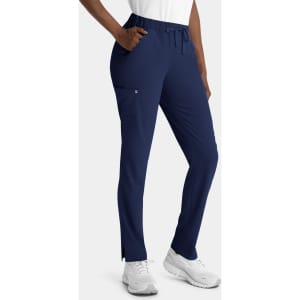 A pair of navy women's skinny pull-on cargo pants with pockets and a drawstring waistband.