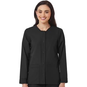 A black warm-up jacket featuring a round neckline, long sleeves, and pockets, with a logo present.