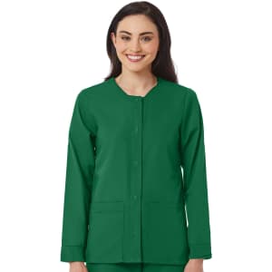 A warm-up jacket in vibrant green, featuring long sleeves and a round neckline. The jacket has a button closure and pockets.