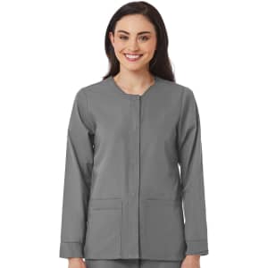 A warm-up jacket in grey with long sleeves and a round neckline, featuring a front fastening and pockets.