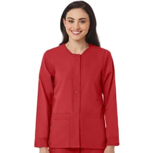 A red women's warm-up jacket with long sleeves, a round neckline, and front pockets, featuring a logo.