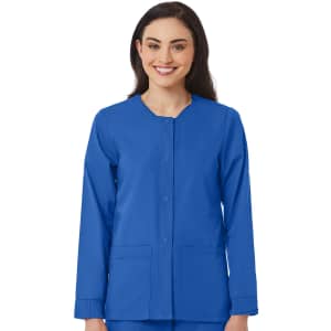 A women's warm-up jacket in bright blue, featuring a button front and two pockets, along with a logo.