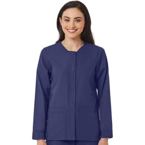 A women's warm-up jacket in navy blue, featuring a round neckline, front buttons, and two side pockets.