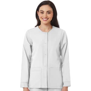 A warm-up jacket in grey, featuring a button front and two front pockets. It has a logo on the chest.