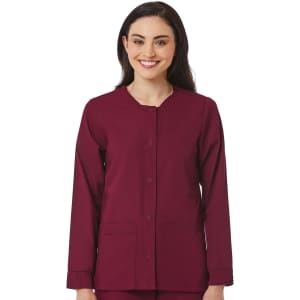 A burgundy women's warm-up jacket with long sleeves and a button front, featuring a logo.