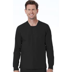 A black unisex snap jacket with a round neckline and long sleeves, featuring a button closure at the front.