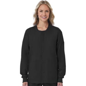 A unisex snap jacket in black, featuring a front snap closure and long sleeves. The model is smiling.