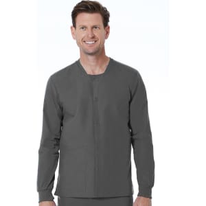 A unisex snap jacket in grey, featuring a button front and long sleeves, modelled by a smiling man.
