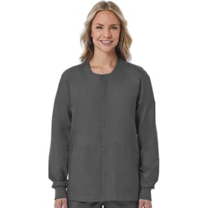 A unisex snap jacket in grey, featuring a round neckline and long sleeves, with a logo present on the left side.