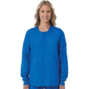 A unisex snap jacket in bright blue, featuring long sleeves and a button-up front, with pockets.