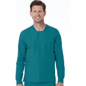 A teal unisex snap jacket with long sleeves and a front pocket, featuring a branding logo.