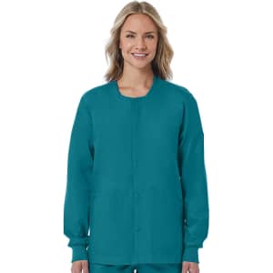 A teal unisex jacket with a round neckline and button closure, featuring long sleeves and a logo.