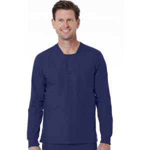 A unisex snap jacket in navy blue, featuring a simple design with long sleeves and a front pocket.