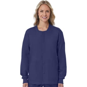 A unisex snap jacket in navy blue, featuring long sleeves and a button closure. It has a pocket and a simple design.