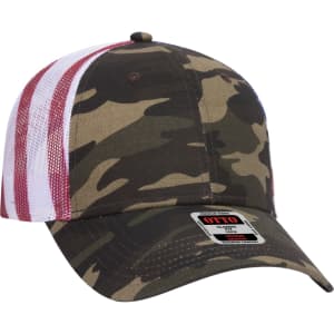 A camouflage trucker hat featuring a mesh back in red and white stripes, complete with a logo on the front.