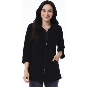 A black women's lab jacket featuring 3/4 sleeves, a zip front, and side pockets.
