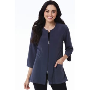 A women's 3/4 sleeve lab jacket in navy blue with a front zip and pockets. It features a simple design and has a logo.