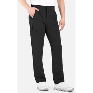 Black cargo pants with a half elastic waistband, featuring side pockets. The model is wearing white shoes.