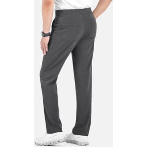 A pair of grey cargo pants featuring a half elastic waistband, shown from the back. Includes pockets.