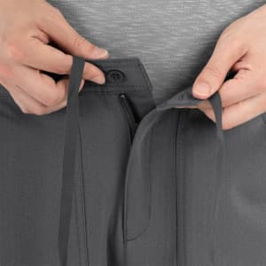 A pair of grey cargo pants with a half elastic waistband, featuring a button and tie closure.