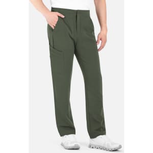 A pair of men's cargo pants in olive green, featuring a half elastic waistband and multiple pockets.