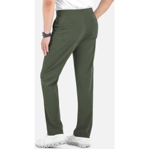 A pair of men's cargo pants with a half elastic waistband, featuring back pockets, in a dark green colour.