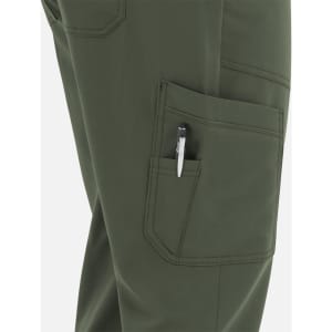 A pair of olive green cargo pants featuring a half elastic waistband and a side pocket with a pen.