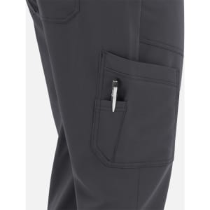 A pair of men's cargo pants in grey with an elastic waistband and a side pocket featuring a pen.