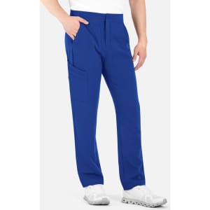 A pair of blue cargo pants with a half elastic waistband and multiple pockets, featuring a logo.