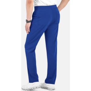 A pair of men's cargo pants in bright blue featuring a half elastic waistband and rear pockets.