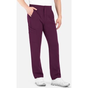 A pair of men's cargo pants in dark purple with an elastic waistband and multiple pockets, featuring a logo.