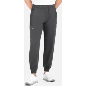 A pair of men's joggers in dark grey with a full elastic waistband and side pockets, featuring a small logo.