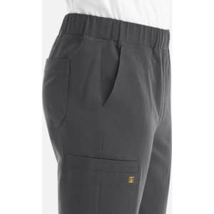 A men's jogger featuring a full elastic waistband and side pockets, shown in a grey colour with a logo.
