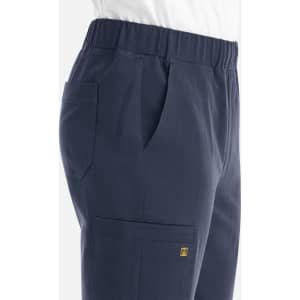 Navy blue jogger pants with a full elastic waistband, featuring side pockets and a logo on the leg.