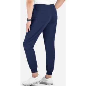 A pair of navy joggers featuring a full elastic waistband and tapered leg design, with a back pocket.