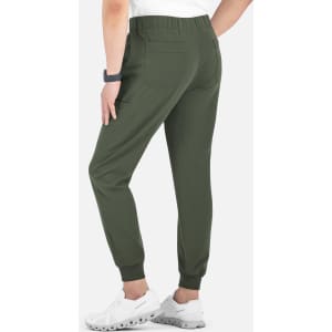 A pair of olive green joggers with a full elastic waistband, shown from the back, featuring pockets.