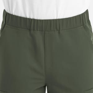 A pair of men's joggers in olive green, featuring a full elastic waistband. There is a logo present.