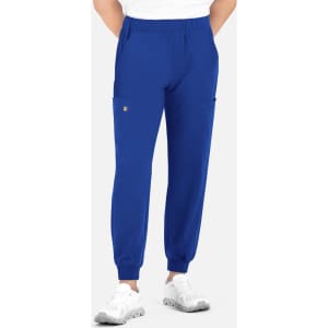 A pair of blue joggers with a full elastic waistband and side pockets. Features a logo on the fabric.