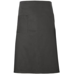 A charcoal-grey apron with a single front pocket and a simple design. The apron features a logo.