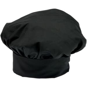 A black toque chef hat with a rounded, puffy design and a fitted band at the base, featuring a logo.