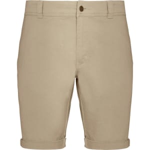 Beige dress shorts with rolled cuffs, featuring a button closure and a branded logo.