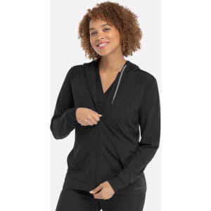 A black women's hooded zip front jacket with a slim fit, featuring a grey drawstring and a logo.