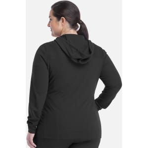 A black women's hooded zip front jacket with a fitted design and a logo on the back.