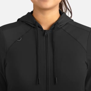 A black hooded zip-front jacket with a fitted design and a logo on the chest area.
