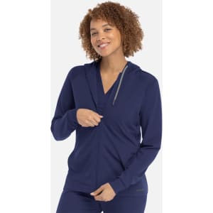 A women's hooded zip-front jacket in navy blue, featuring a modern design and a subtle logo.