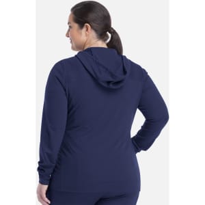 A hooded zip front jacket in navy, featuring long sleeves and a fitted silhouette, with a logo on the back.