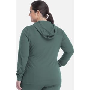 A hooded zip front jacket in a deep green colour, featuring a sleek design and fitted silhouette.
