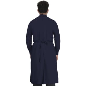 A navy blue clinical cover gown with long sleeves, viewed from the back, featuring a tied waist.